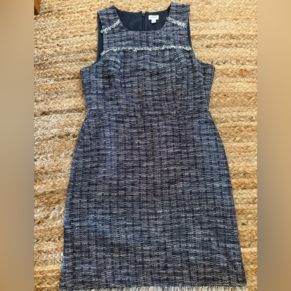 J Crew Size 12 Navy Blue Tweed Fringe Sheath Dress